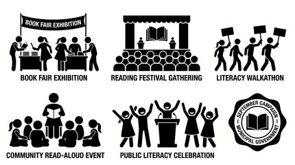 Obraz premium Literacy Events Montage: A collection of six distinct pictogram illustrations showcasing various literacy-related events and activities, from book fairs to community read-alouds.