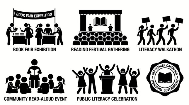 Literacy Events Montage: A collection of six distinct pictogram illustrations showcasing various literacy-related events and activities, from book fairs to community read-alouds.