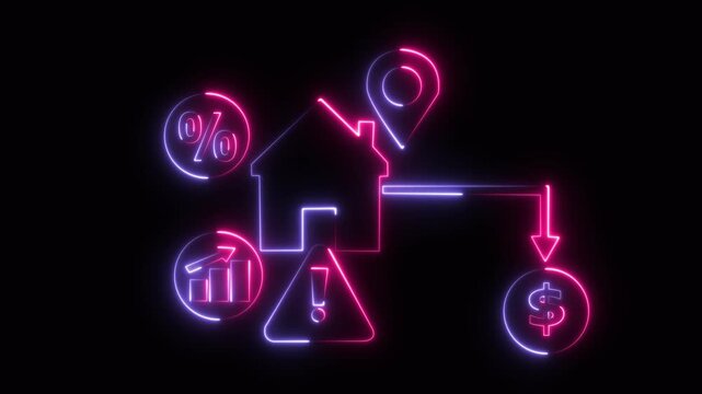 Real estate market risk analysis neon animation: mortgage interest rates, property investment trends, and financial warning signs for home buyers