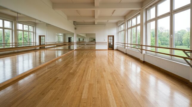 A large, empty dance studio features a polished wooden floor, a mirrored wall, and expansive windows overlooking a green landscape. The room is bright and airy, with a classic architectural style.