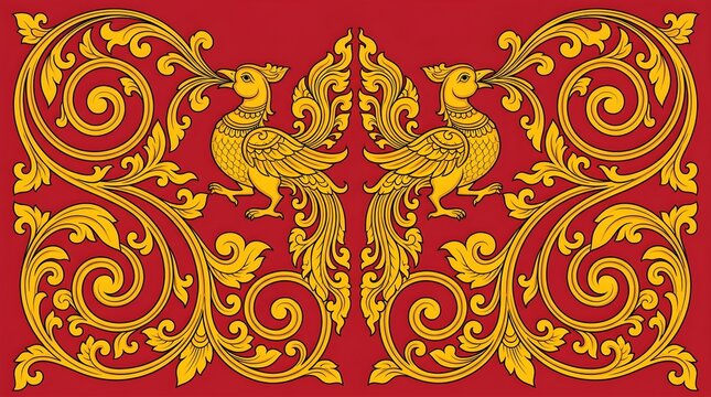 Traditional Golden Mythical Bird Floral Motif on Red