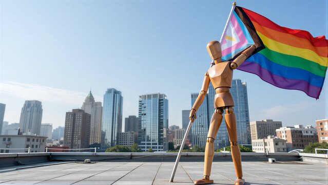 Wooden figure stands on rooftop, waving rainbow and trans flags against city skyline.