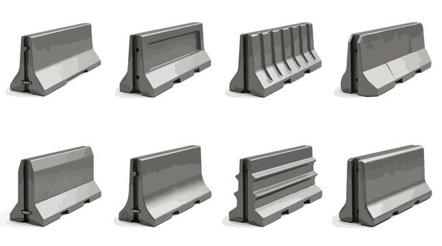 Concrete jersey barrier set, industrial road safety blocks for construction zones, 8 realistic grey cement traffic barricades in vector format