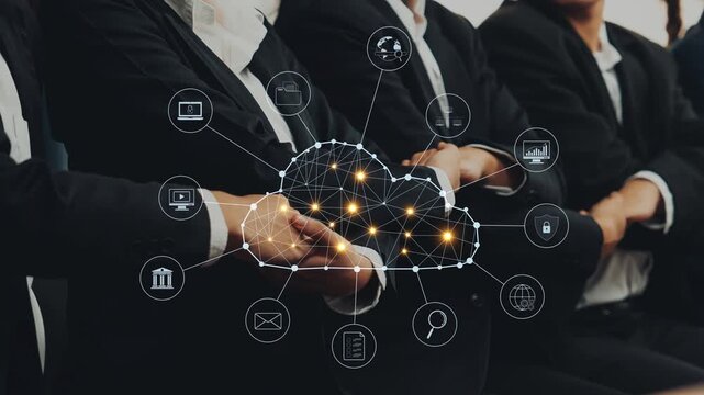A dynamic business meeting featuring professionals in formal attire engaging with cloud technology visuals, representing innovation, collaboration, and strategic growth in the corporate world. Raster