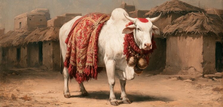 White zebu bull with red forehead mark and decorative blanket standing in village