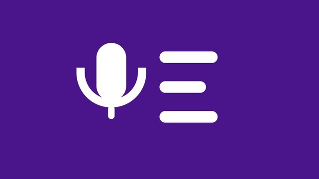 Flat design animation of white microphone icon and voice text lines appearing on purple background