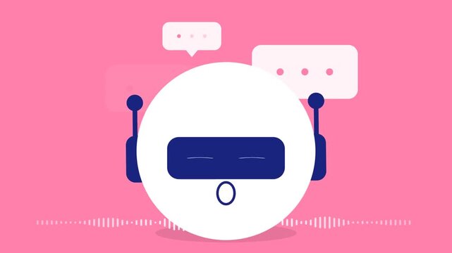 Flat vector animation of an AI chatbot head with speech bubbles and audio visualizer on pink background