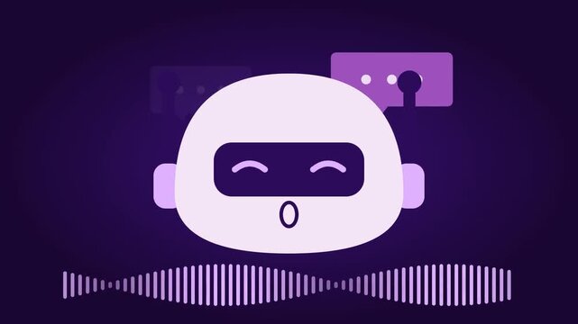 Animated flat vector illustration of friendly AI chatbot head with speech bubbles and audio sound wave