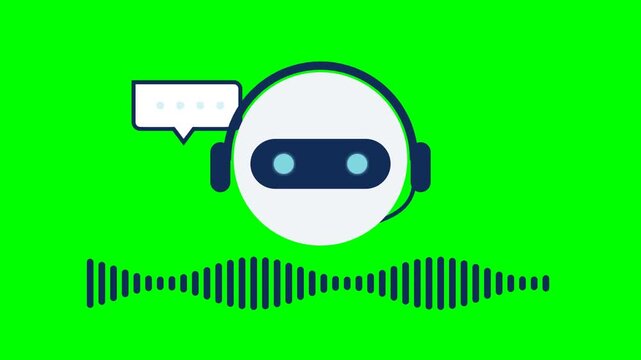 Flat vector robot chatbot with headset and pulsing audio waveform on chroma key green screen background