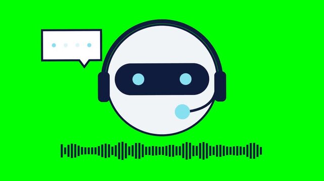 Animated flat vector illustration of a chatbot robot wearing a headset with a moving audio spectrum on a green screen