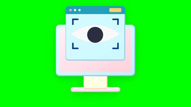 Flat vector illustration of a computer monitor displaying a biometric eye scan interface on green screen background