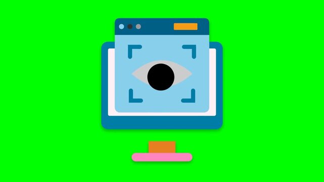 Flat vector illustration of a computer monitor displaying an eye scanner icon for digital surveillance on a green screen