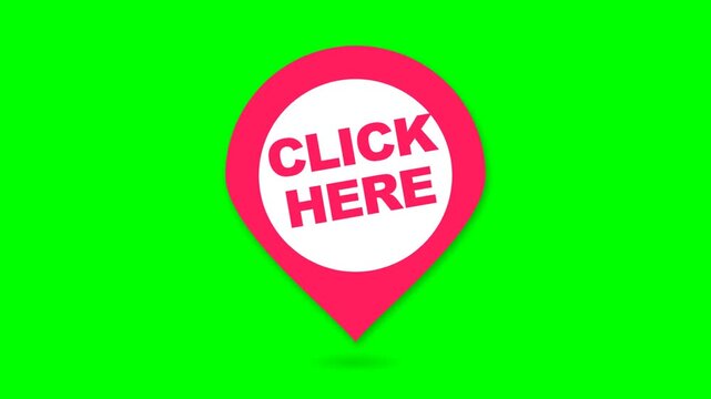 Animated pink location pin icon with click here text bouncing on a green screen background