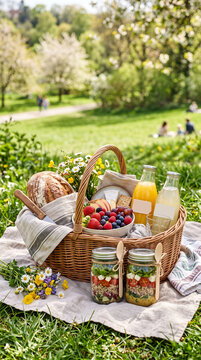 Picnic Basket Filled With Food And Drinks On A Blanket In A Sunny Park