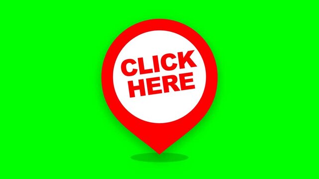 Animated red map pin with click here text on green screen background