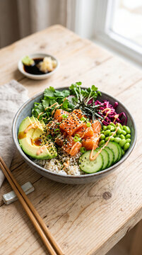 Fresh Salmon Poke Bowl with Avocado Cucumber Edamame and Rice