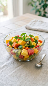 Fresh Fruit Salad in Glass Bowl with Mint and Spoon