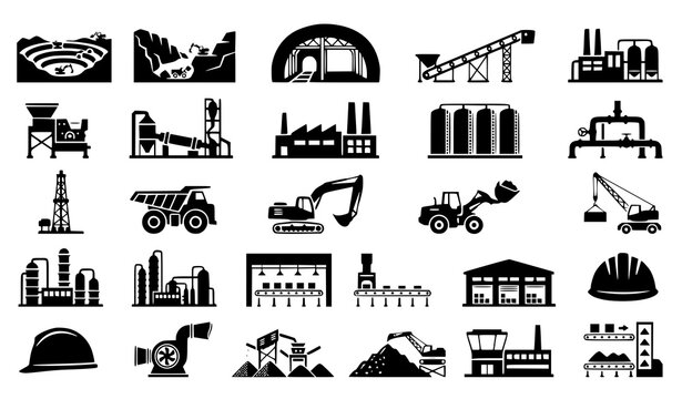 Premium mining and industrial production silhouette vector pack featuring quarry factories heavy machinery and engineering icons isolated on white background