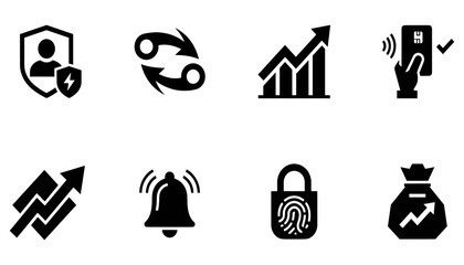 Obraz premium Fingerprint Security and Data Protection Icons Set, Including Analytics, Alarm, Shield, and Risk Management Si