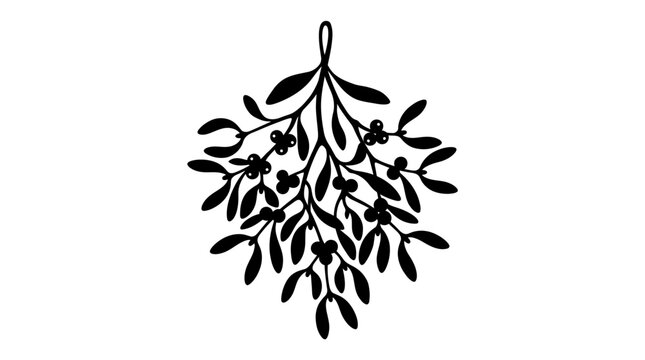 CAD tree lines,  grass Mistletoe branch silhouette vector, black hanging christmas plant with berries, winter holiday floral element for greeting cards and seasonal decor vector