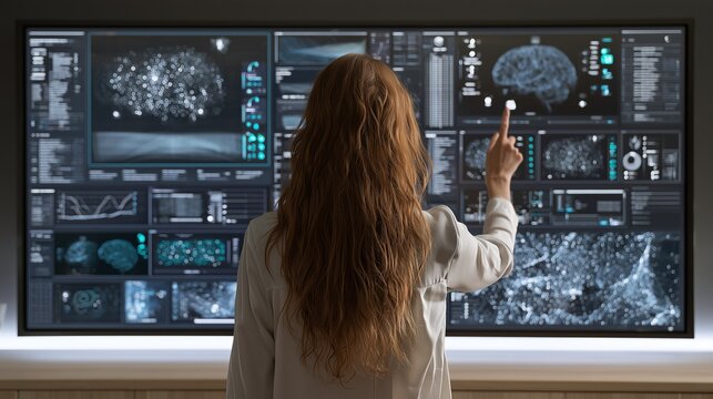 Futuristic neuroscience data visualization showing a female scientist analyzing 3D brain scans on a large interactive digital wall, a concept for AI research and medical technology.