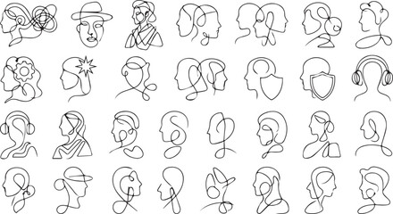 Fototapeta premium Set of continuous line featuring human profiles, heads, and abstract faces in a minimalist black and white style