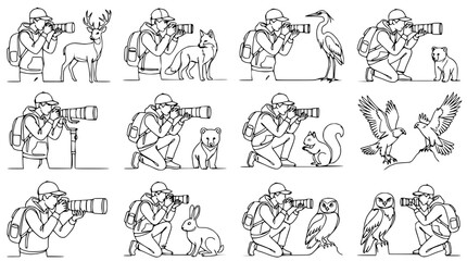 Obraz premium Wildlife photographer capturing nature with camera, set of line art illustrations