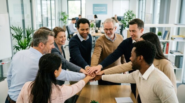 A diverse group of professionals are huddled together around a table, forming a human chain by linking hands.