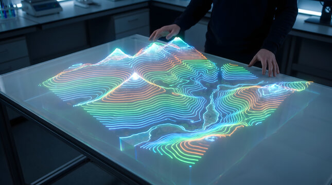 Futuristic 3D holographic topography map glowing on a glass table in a modern science laboratory.