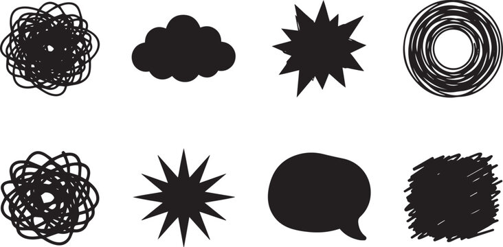 Set of eight black hand-drawn shapes, including scribbles, starbursts, a cloud, a speech bubble, and a circular spiral on white background
