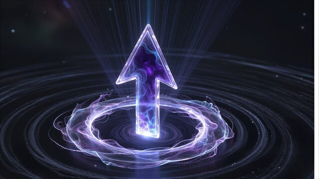 Luminous arrow floats in cosmic swirls, radiating energy through vibrant purple light.