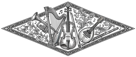 Vintage musical instruments arranged in ornate diamond frame © asep