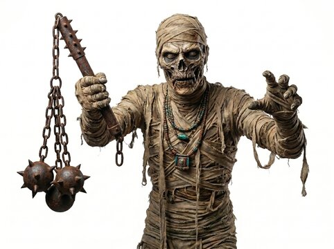 Terrifying ancient mummy holding a spiked flail weapon isolated on a white background.