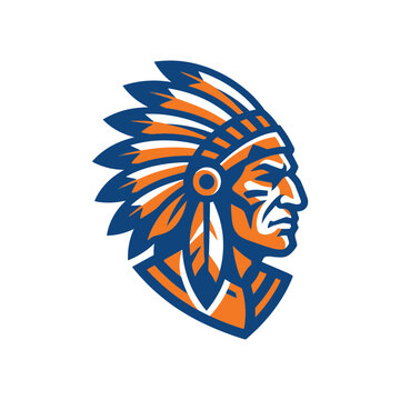 Native American chief profile mascot with feathered headdress.