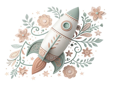 Whimsical rocket with floral elements in soft pastel colors for creative projects