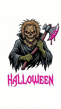 Scary scarecrow character holding a bloody axe for a Halloween themed graphic illustration.