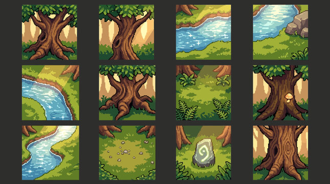 Set of Forest Game Elements Featuring Pixel Art Trees Rivers and Mysterious Stones for Fantasy World Development