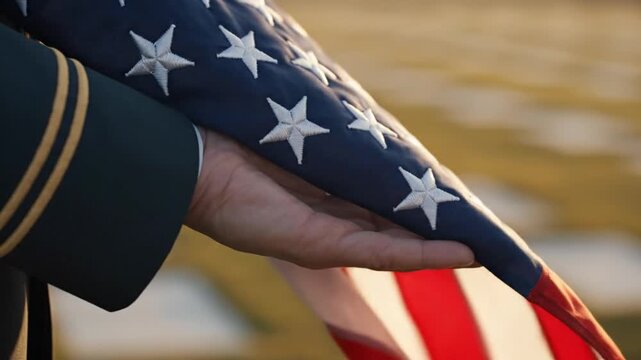 Military member holding folded American flag during sunset