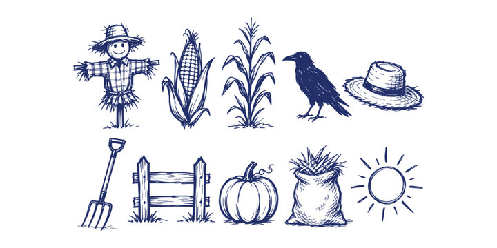 agriculture farm harvest element collection hand drawn doodle icon set vector illustration