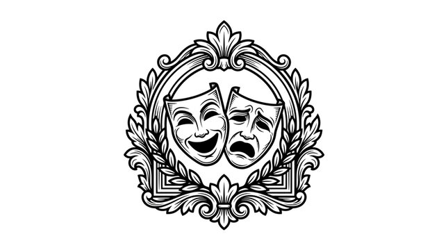 Creative Black and White Ornate Theater Masks Emblem with Dramatic Commedia Dell Arte Faces in Intricate Frame
