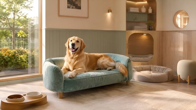 Happy Golden Retriever lying on a sofa in a modern cozy pet-friendly living room