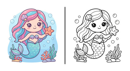 Obraz premium Cute kawaii mermaid kids coloring worksheet vector