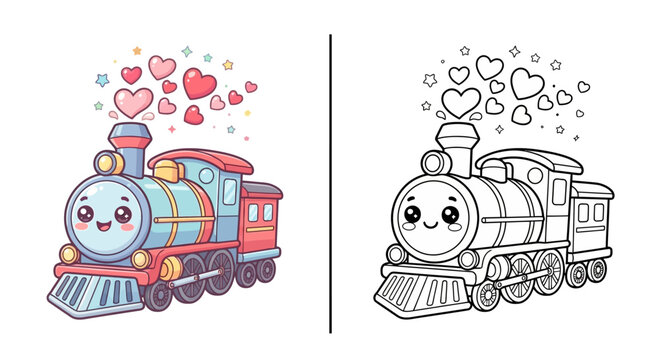 Cute kawaii train engine kids coloring worksheet vector
