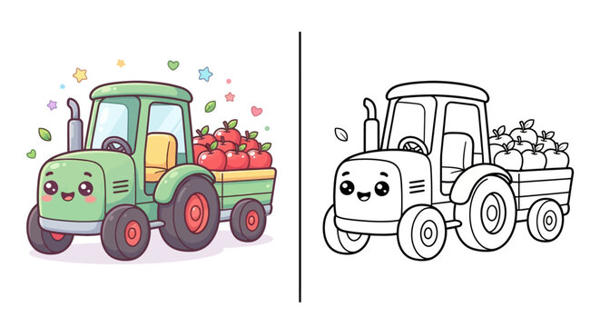 Cute kawaii farm tractor kids coloring sheet vector
