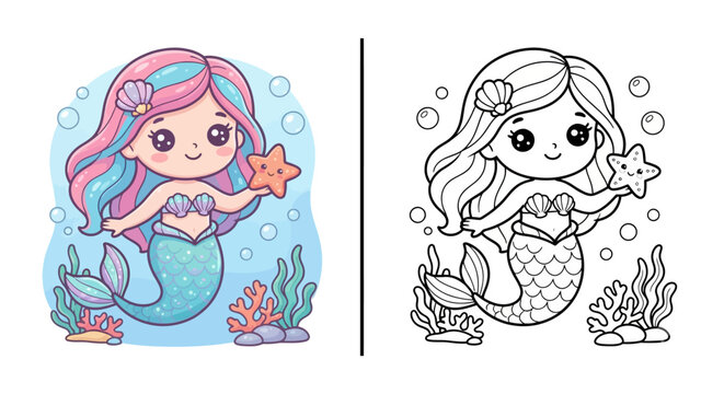Cute kawaii mermaid kids coloring worksheet vector