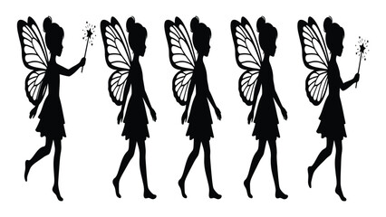 Fairies in silhouette holding magic wands walk in a row across a clean white background surface. © Sadee Girl