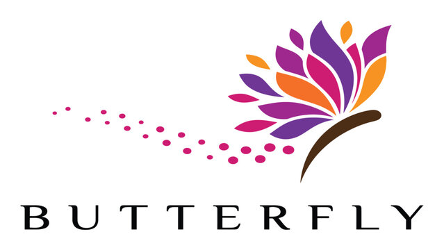 Butterfly logo design features a vibrant floral wing pattern accompanied by elegant typography.