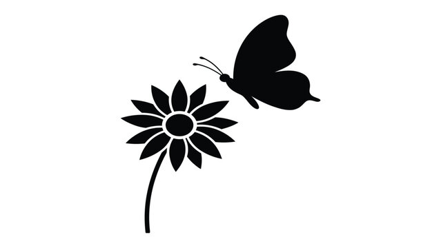 Butterfly silhouette lands on a simple flower in this clean black and white graphic illustration.