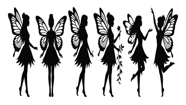 Fairies silhouette collection displays six distinct mystical figures with ornate wings in a horizontal line.