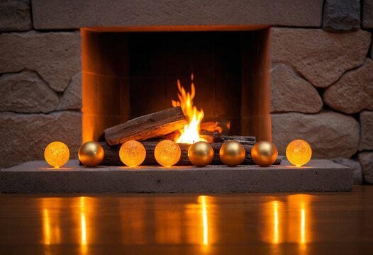 Cozy fireplace scene with glowing orbs and burning logs, warm ambiance